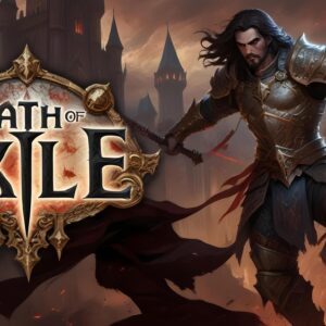 Path of Exile currency - Warrior character with long hair in armor holding a sword and shield in a medieval castle setting.