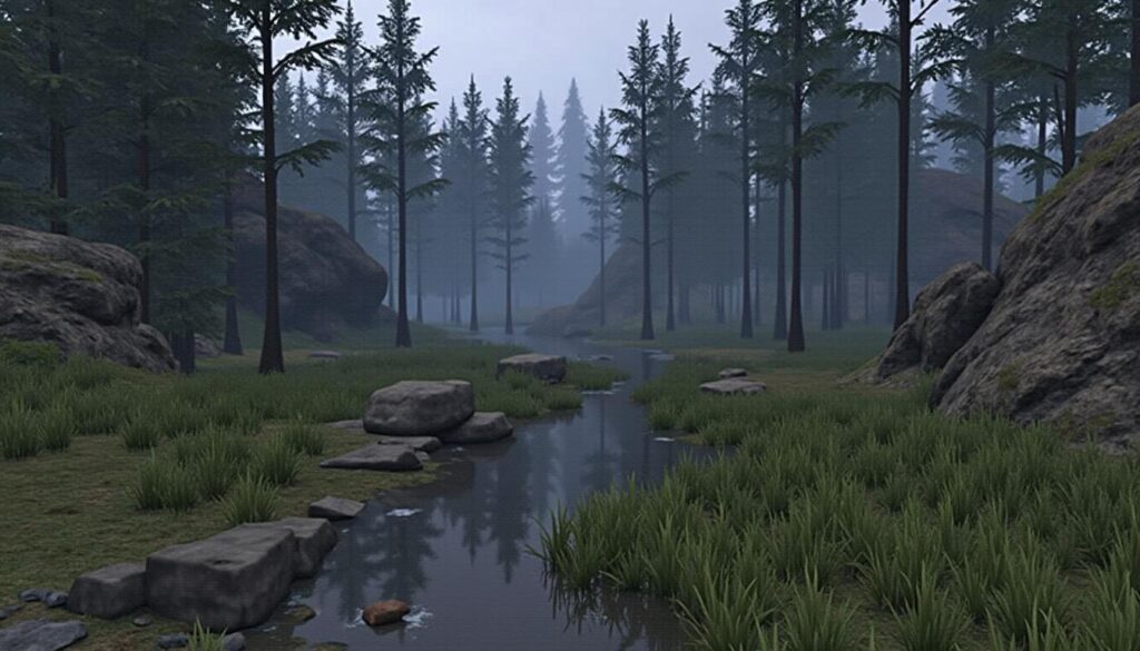 A peaceful forest setting from The Elder Scrolls Online, offering players the perfect environment to explore and gather resources for crafting ESO sets.