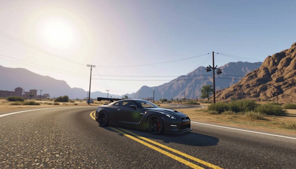 GTA 5 Money Buy - Black sports car in the desert, showcasing the thrill of high-speed adventures.