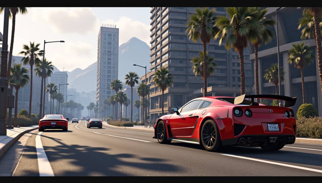 A red sports car cruises down a palm-lined avenue in Los Santos, showcasing the fast-paced life of GTA 5. Upgrade your game by buying GTA 5 money.