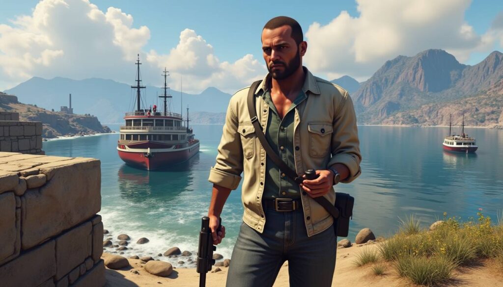 A male character stands by the ocean in GTA 5, with a boat and mountains in the background, highlighting the game's adventurous world. Buy GTA 5 money to explore more.