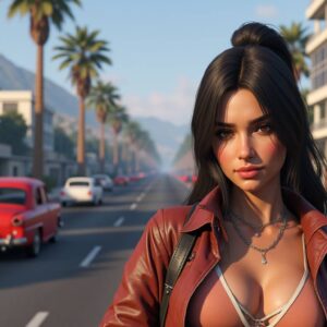 A female character in Los Santos, standing on a street lined with palm trees, representing the vibrant life in GTA 5. Buy GTA 5 money to experience the game in full.