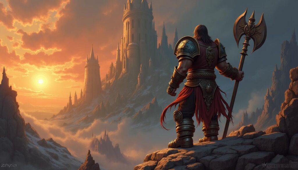 World of Warcraft Classic artwork with a warrior and a towering castle, representing epic adventures in Azeroth.