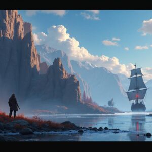 New World gold: Adventurer at a misty cove with a ship in the distance, symbolizing the endless exploration possibilities enhanced by purchasing gold.