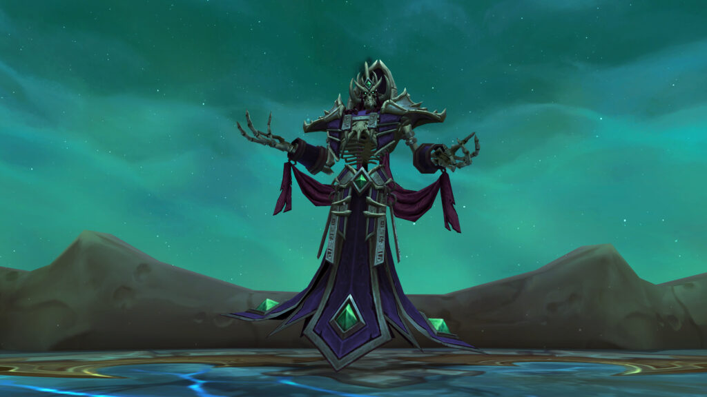 A skeletal sorcerer-type final boss from a Mythic raid in WoW’s War Within expansion, set against an eerie green sky, arms extended in an intimidating stance.