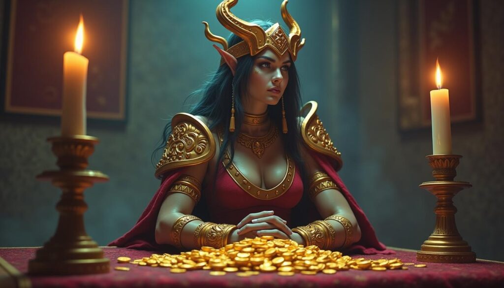 Fantasy queen sitting with gold coins, representing WoW gold and in-game wealth accumulation.