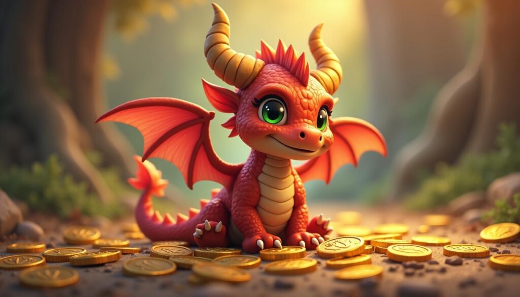 An adorable red dragon sits happily among a treasure of gold coins, surrounded by a warm and inviting fantasy forest.